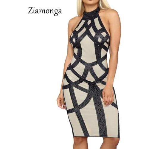 Ziamonga Fashion Women Striped Bandage Dress Off Shoulder High Neck Sexy PU Bodycon Dress Vestidos 2019 New Casual Women Dresses