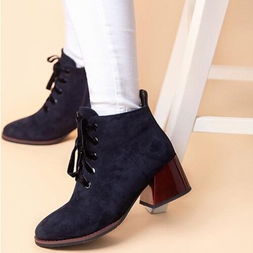 Winter Women Ankle Boots Genuine Leather Flock Pointed Toe 6CM Block High Heels Zipper Ladies Booties Bota Feminina A259-211