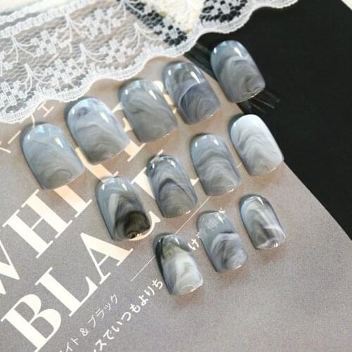 24Pcs/Set Grey Marble Design Lady Nails Acrylic Full False Nail Tips Nail Art Fake Nails Tools + Duo Side Sticker Z141