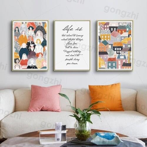 Nordic Abstract Wall Art Poster Colorful Characters and Architecture Canvas Painting Life Quotes Pictures Home Decor Bedroom