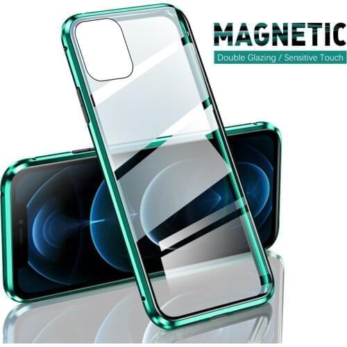 Aluminum Magnetic Metal Bumper Flip Double-Side Case For iPhone 12 Pro Max Glass Phone Cover Shell For APPLE Aifon iPhone12 6.7"