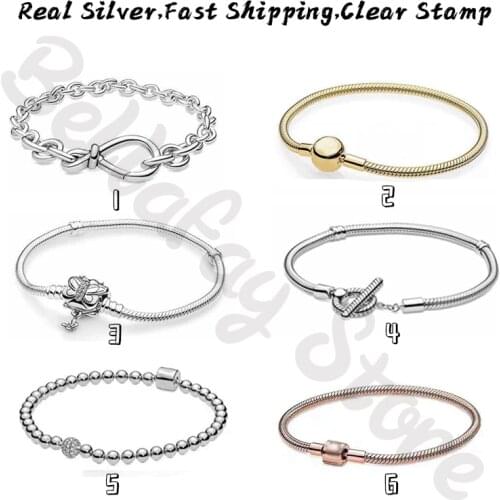 925 Sterling Real Silver Moments Butterfly Clasp Snake Chain Bracelets Infinity Knot Fits Original Charms Beads For DIY Jewelry