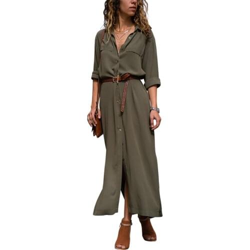 Elegant One-piece Maxi Dress Office Lady Long Sleeve Turn-down Collar Dresses For Women Casual Streetwear Shirt Dresses