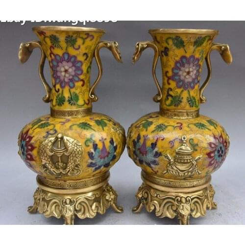 Cloisonne Enamel Gilt 8 Auspicious Symbol Fish Ruyi Bat Vase Bottle Pot Pair