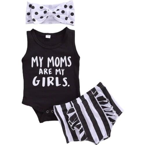 0-18M Summer Newborn Infant Baby Girl Clothing Set Sleeveless Print Letter My Moms Are My Girls Romper Top Striped Shorts