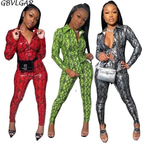 Fashion Women Serpentine Print Two Piece Set Autumn Tracksuit Turn Down Collar Long Sleeve Button Blouse And Bodycon Pant Co-ord