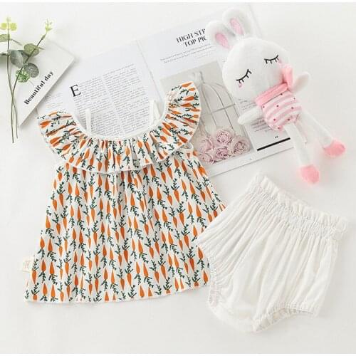 Summer Toddler Carrot Print Kids Girls Clothings Sets Ruffles Princess Baby Girl Blouse+shorts Fashion Clothes 0-2Y