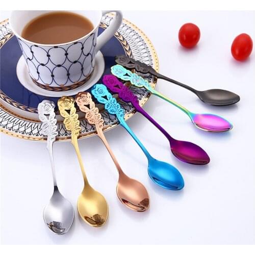 Small Mini Stainless Steel Flower Coffee Spoon Strring Spoon Teaspoon Tea Spoon Dessert Spoon Long Handle Tableware colorful j25