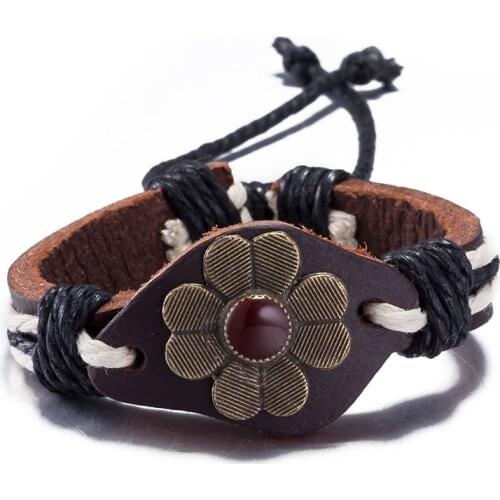 Fashion Retro Style Flower Leather Bracelet Plated Bronze Red Brown Bracelet Womens Western Jeans Jewelry Accessories