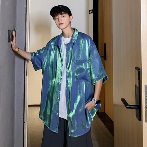 Men Blouse Reflective Holographic Punk Short Sleeve Hip Hop Sweatshirt Streetwear Tops Blouse Sudadera Hombre Summer Sunproof