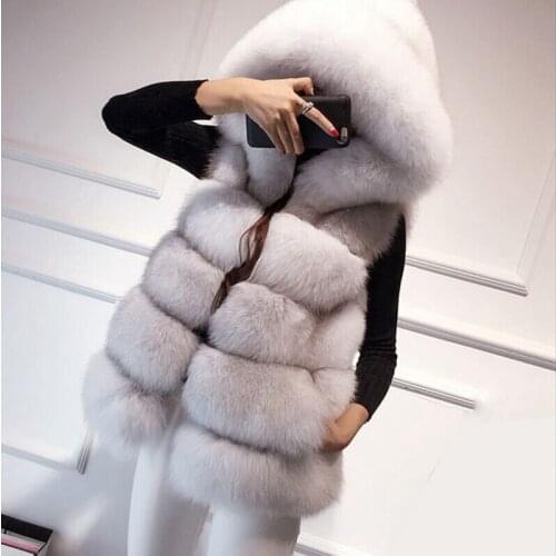 New Warm Faux Fox Fur Hooded Coat Women Winter Luxury Fake Fur Vest Coats Female Sleeveless Jacket Overcoat Mink Coat S-3XL