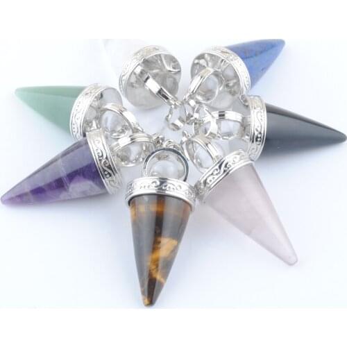 Wholesale 5Pcs/Lot Natural Stone Cone Pendants Reiki Pendulums Round Crystal 3D Jewelry Amethyst Tigers Eye Aventurine QBN451