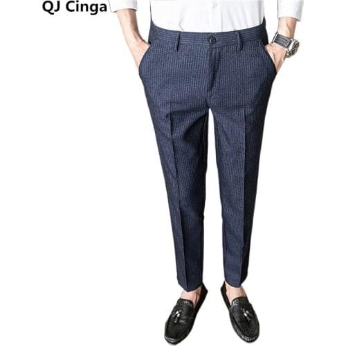 Autumn Navy Blue Striped Trousers Men Black Fashion Male Slim Suit Pants Size 28-36 Pantalones Hombre 2021