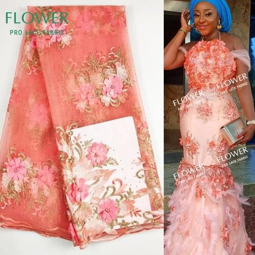 Peach 3D Flower Applique Lace Fabric French Stones Beads Embroidery Mesh Tulle Nigerian 3D Guipure Women Dresses Net Material