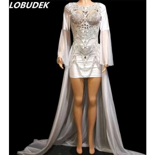 Silver Rhinestones White Trailing Short Dress Sexy Female Singer Host Costume Evening Party Performance Stage One Piece Dress