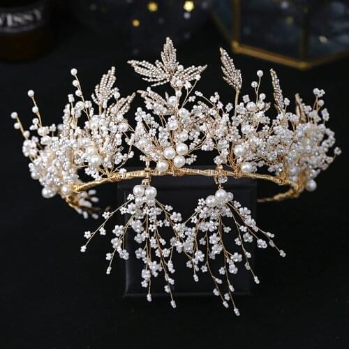 Luxury Handmade Pearls Princess Tiaras Crown With Tassel Earrings 2 Pcs Baroque Vintage Bridal Hair Accessories Queen Diadems