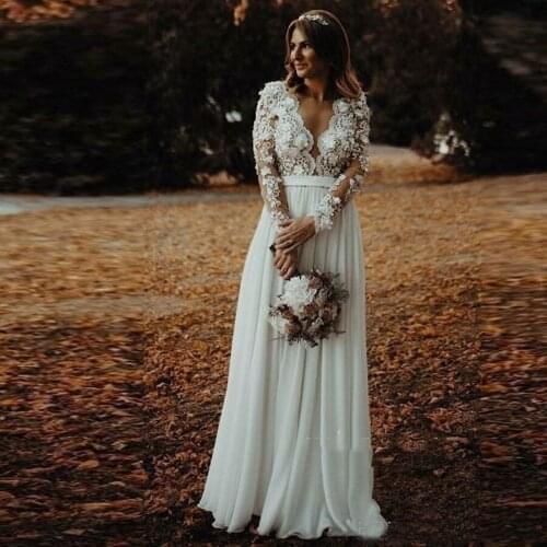 V-neck Top Lace With Flowers A-line Garden Wedding Dresses Long Sleeve Floor Length Chiffon Beach Bridal Gowns vestido de noiva