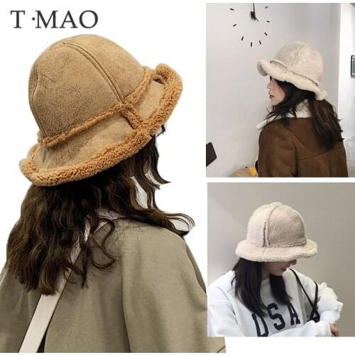 T-MAO Women Bucket Hat Fisherman Hat Winter Hat Lambskin Leather Double-Sided Cute Kpop Fashion Mens Caps Sun Hat