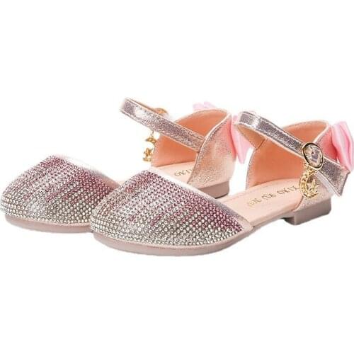 Girls Cute Sweet Princess Sandals Summer Children Full Diamond Latin Dance Shoes Baby Kids Bow Velcro Shoes Teenage Falt Shoes