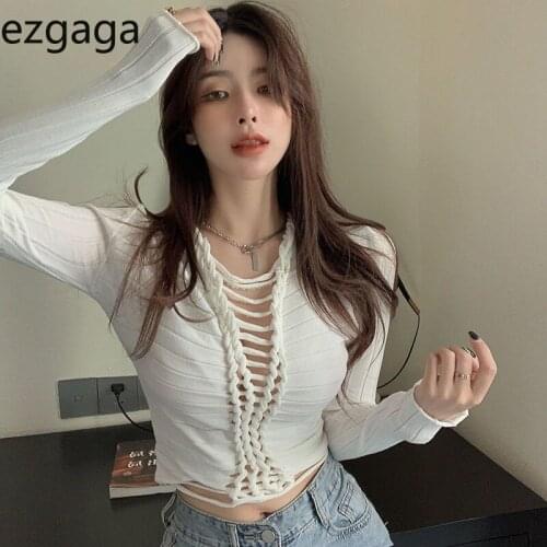 Ezgaga Hollow Out Bandage Crop Tops Women 2021 Autumn New Long Sleeve Slim Stretch Sexy Knitted Pullover Solid Korean Casual
