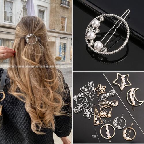 2021 Fashion Korea Women Pearl Rhinestone Hairpins Geometry Hair Clips Metal Barrettes for Women Girls Sweet Hair Accessories