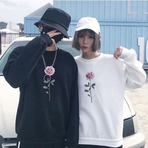 Womens Rose Printed Long Sleeve Sweatshirt Couple Plus Velvet Pullover Jumper Tops Loose Casual O Neck Sweatshirts 2020