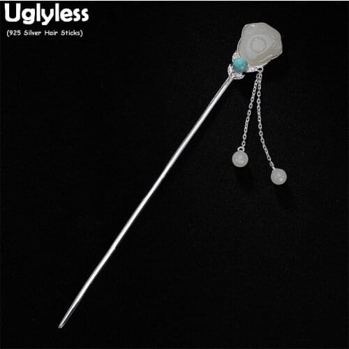 Uglyless Bohemia Turquoise Hair Sticks for Women Ethnic Natural Jade Clouds Forks Solid 925 Silver Hair Jewelry Eastern Tassels