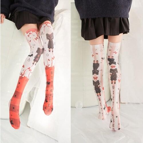 3D Printed Women Sexy Stockings Girl Cosplay Funny Harajuku Cat Stockings Long Thin Silk Red Thigh Knee Stockings Christmas Gift