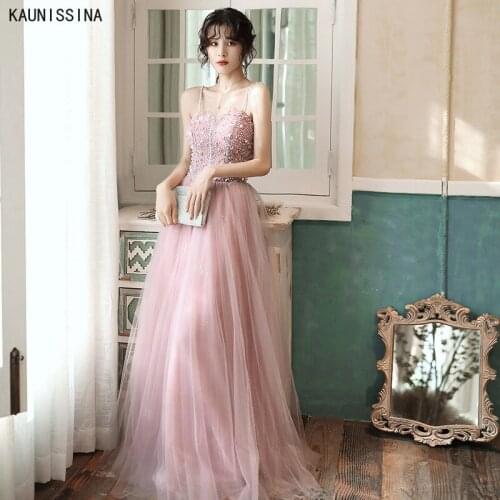 KAUNISSINA Sexy Evening Dress Women Backless Spaghetti Strap Sequined Long Pink Party Dress Sweetheart Formal Prom Gowns