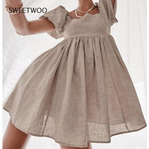 Vintage Casual Short Dress Summer Women Puff Sleeve A Line Dresses High Waist Square Collar Linen Ladies Dress Khaki 2021