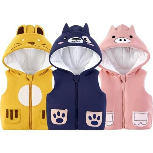 2020 Winter New Baby Boys Girls Cute Cartoon Zipper Jacket Kids Autumn Warm Thicken Padded Vest Knitted Hooded Coat Tops Outwear