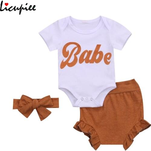 3 Pcs New Born Girls Set, Letter Print Crew Neck Long Sleeve Romper Solid Color Short Pants and Hairband 0-18 Months