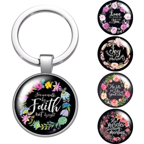 Flowers Faith Letters Joy the glass cabochon keychain Bag Car key chain Ring Holder silver color keychains for Man Women Gift