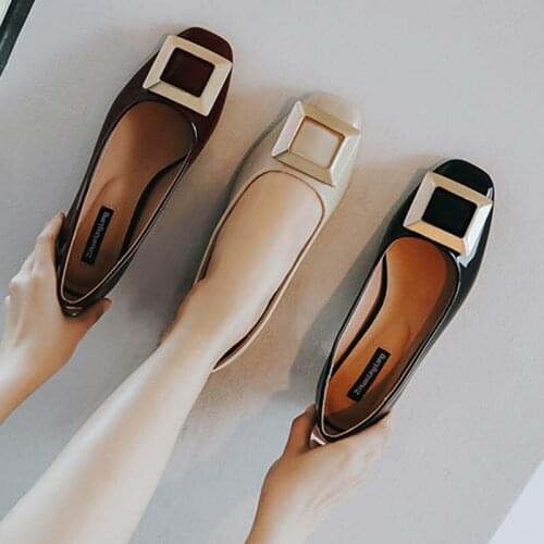 Party Metal square buckle patent leather flat loafers woman slip on shallow square toe thick med heels moccasins shoes women2020