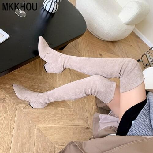 MKKHOU Fashion Over the Knee Long Tube Women Boots New Winter Shoes Suede Pointed Toe High Heel Leather Boots Long Stretch Boots