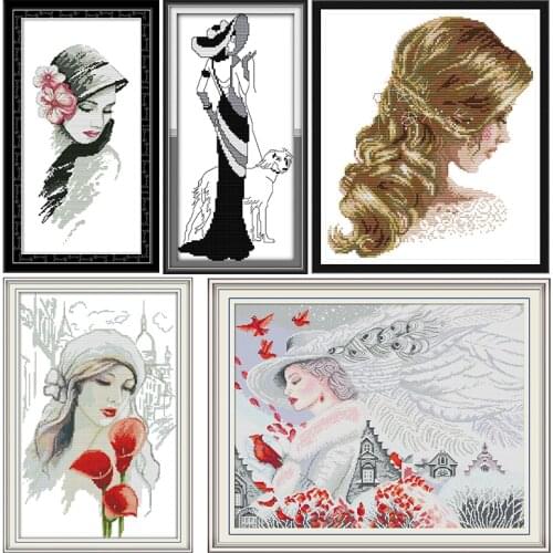 Pretty Girl with Flowers Cross Stitch Kit Stamped Patterns 11CT 14CT Counted Printed Craft Decoration Embroidery Needlework Gift