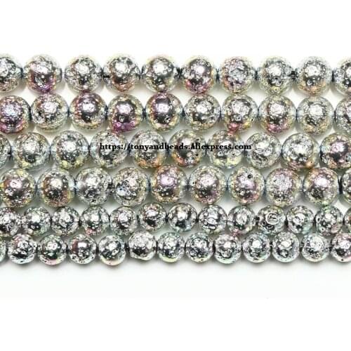 Natural Stone AB Shining Silver Plated Volcano Lava Round Loose Beads 15" Strand 6 8 10 MM For Jewelry Making