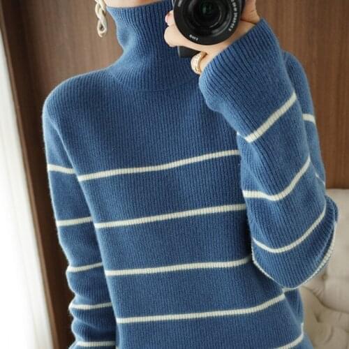 2021 new autumn winter Cashmere Sweater Women Turtleneck striped loose and thin wild 100% Wool Sweater knitted pullover Female
