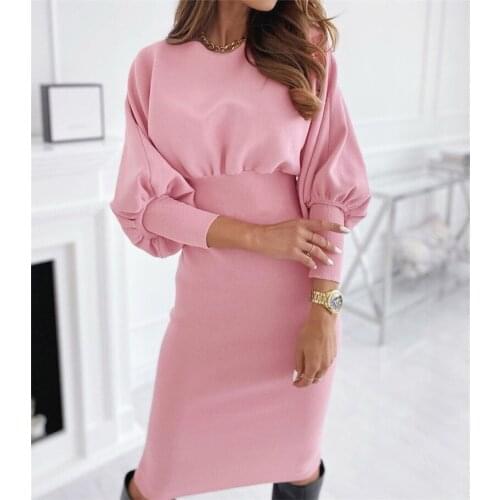 Autumn Lantern Long Sleeve Bodycon Dress Women O Neck Solid Color Knee Length Dress Female Slim Elegant Party Dress Vestidos