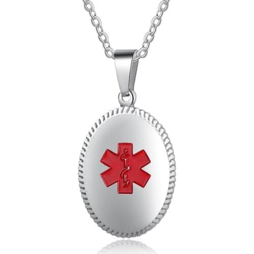 Personalized Necklaces Medical Alert ID Stainless Steel Tag Round Pendant Customized Emergency Jewelry for Women Engravable Gift