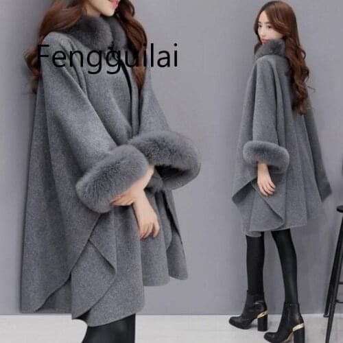 2020 Christmas Fashion Women Flare Sleeve Faux Fox Fur Collar Winter Wool Cloak Cape Coat Poncho Long Overcoat