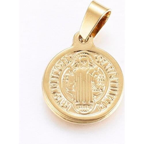 20pcs 304 Stainless Steel Flat Round with Saint Benedict Religion Pendants for Necklace DIY Jewelry Making Supplies 15x12x2mm