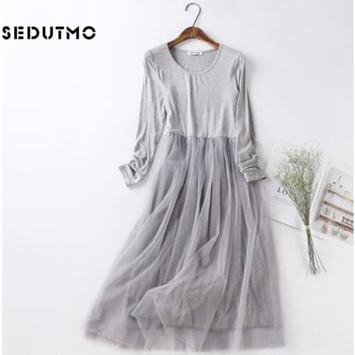 SEDUTMO 2018 Spring Long Sleeve Gauze Lace Dress Women Tunic Basic Long Dresses Summer Modal Mesh Black Sexy Party Dress ED098