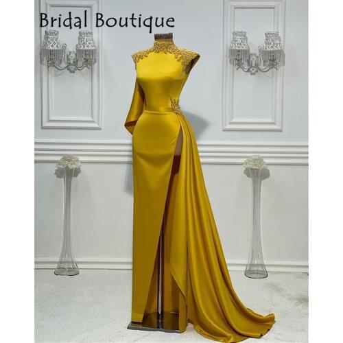 High Neck Yellow Mermaid Evening Dresses Pearls Beaded High Side Split Satin Prom Gowns Sexy Party Night Dresses