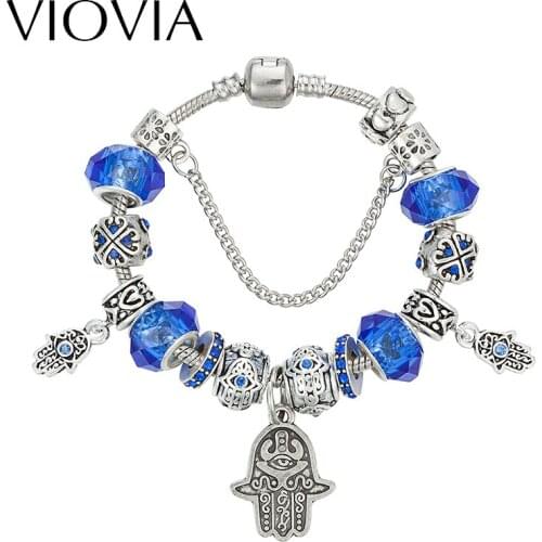 VIOVIA Fashion Blue Hand Charm Bracelets For Women Crystal Beads Evil Eye Bracelets & Bangles Pulseras Jewelry B16150