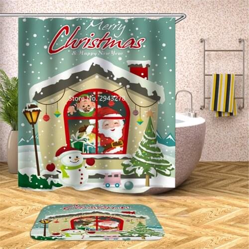 Christmas Tree Pattern Waterproof and Mildewproof Washable Shower Curtain with Hook Bathroom Holiday Decoration Color Printing