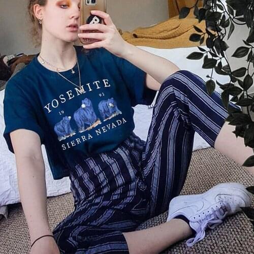 Womens T-Shirts Za Fashion 2021 Carton Bear Embroidery Cotton T-Shirts Casual Oversized Short Sleeve Mujer Tops