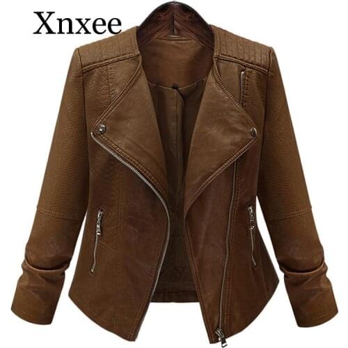 Punk Womens Cardigan Jacket Slim Thin PU Short Jacket Autumn Winter Long-sleeved Motorcycle Leather Female Plus Size Brown