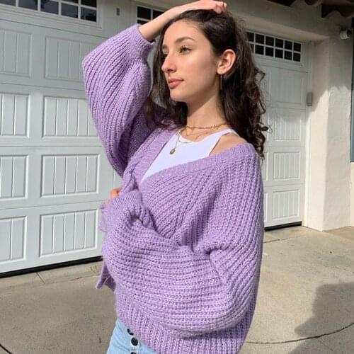 Vintage sweater Retro taro purple knitted sweater jacket womens v-neck loose lazy cardigan Cardigan women long sleeve Knitting