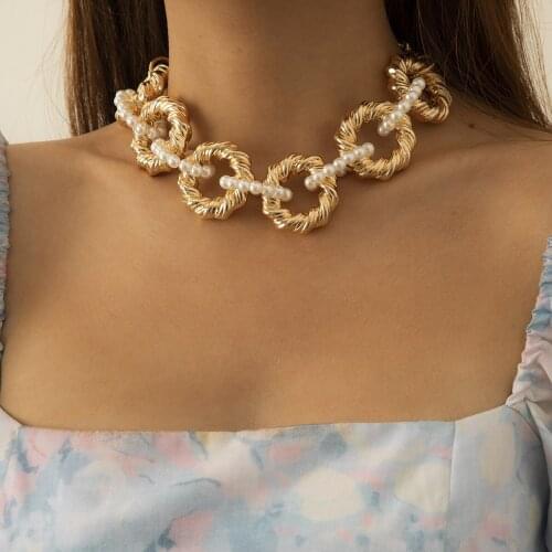 New Design Big Statement Punk Pearls Circles Linked Choker Necklace Collar Statement Hip Hop Gold Thick Chain Necklace for Women